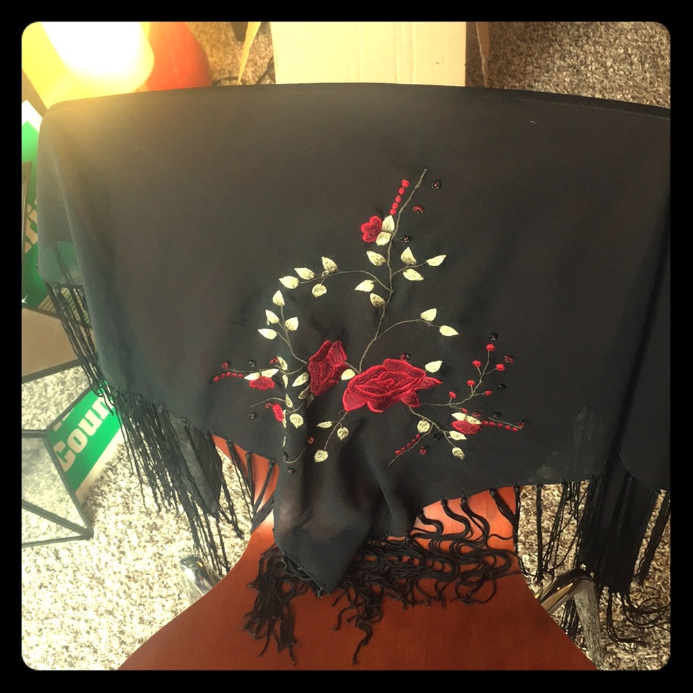 Vintage, 2 Black, Sheer, Fringed Shawls